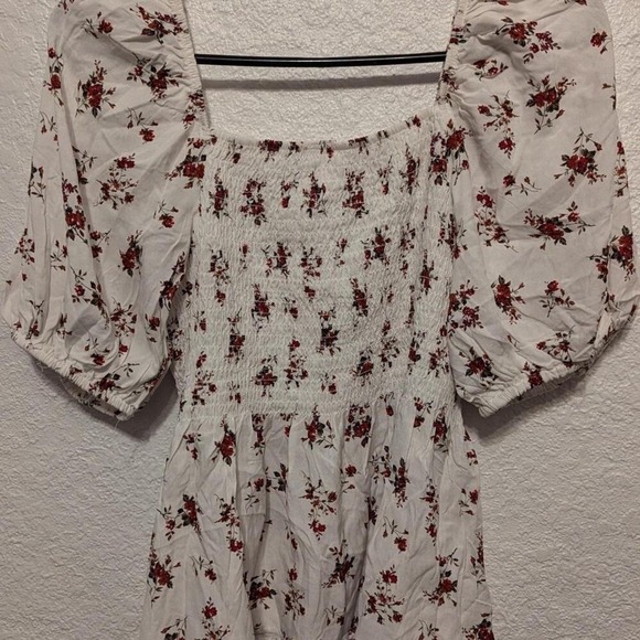 Tops - Floral Smocked Puff Sleeve Peplum Top White Red Square Neck Cottagecore Boho